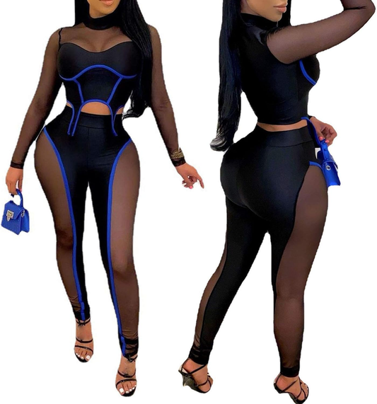 Mesh Two Piece Jumpsuits See through Long Sleeve Crop Top