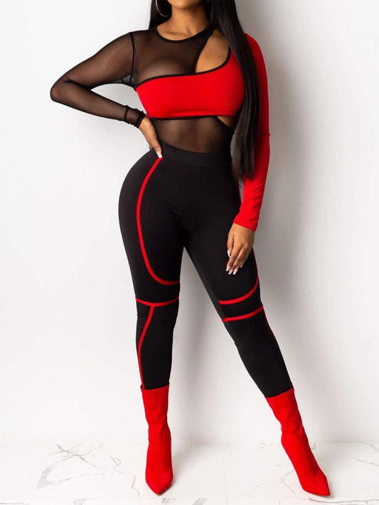 Mesh Two Piece Jumpsuits See through Long Sleeve