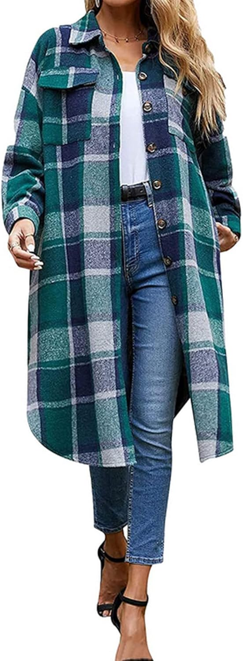 Casual Wool Blend Long Plaid Shirt Jacket Button down