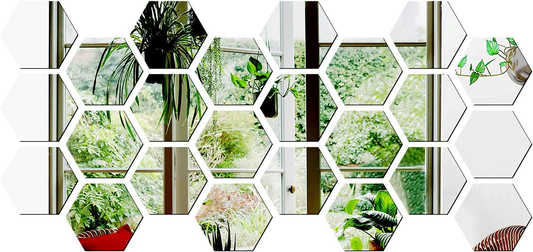 3.4''X4''X2'' Hexagon Mirror Wall Sticker, 24 Pieces Acrylic Mirror Self Adhesive Mirror Tiles